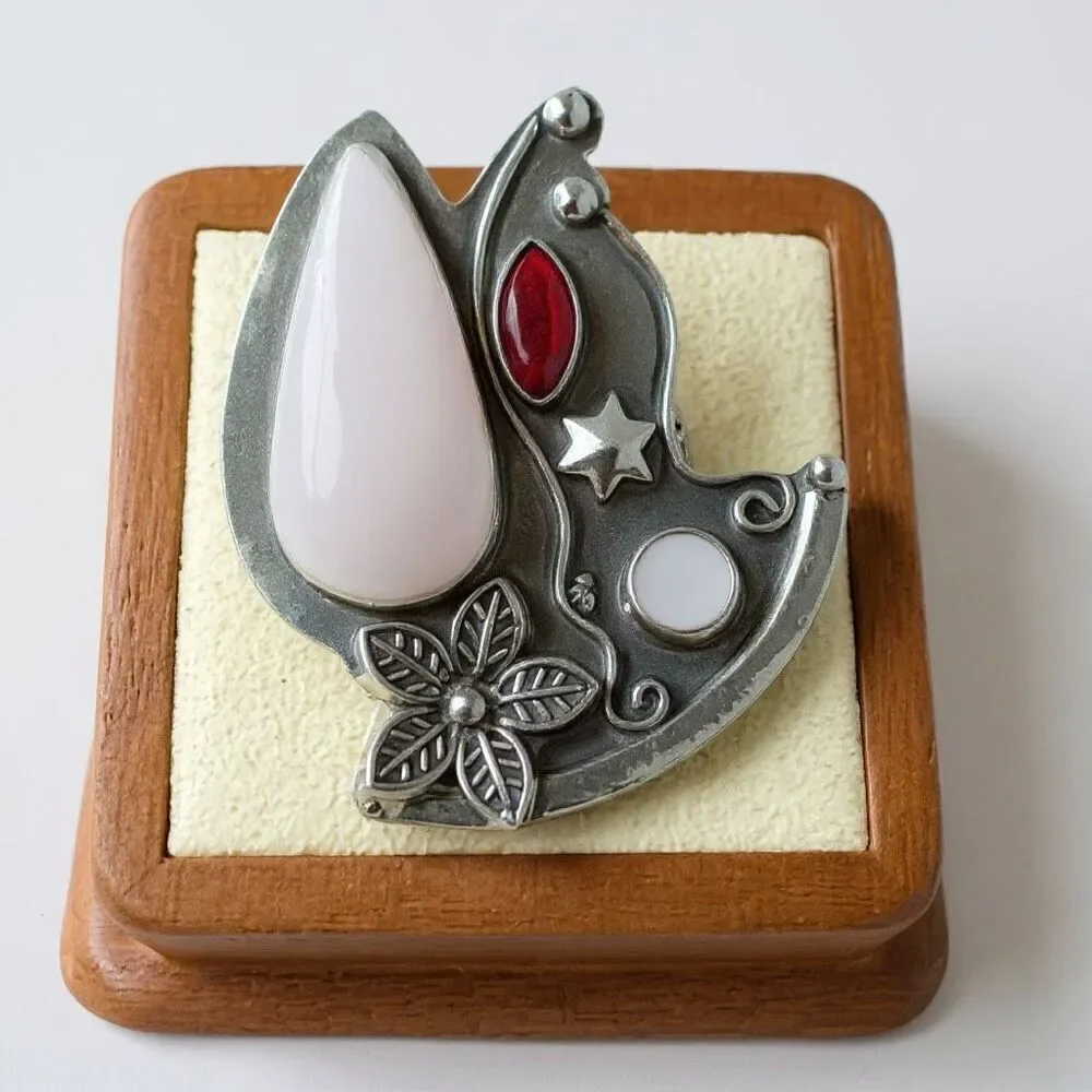 Boho Bloom Ring – Rose Quartz & Garnet Floral Statement Size 8 New *